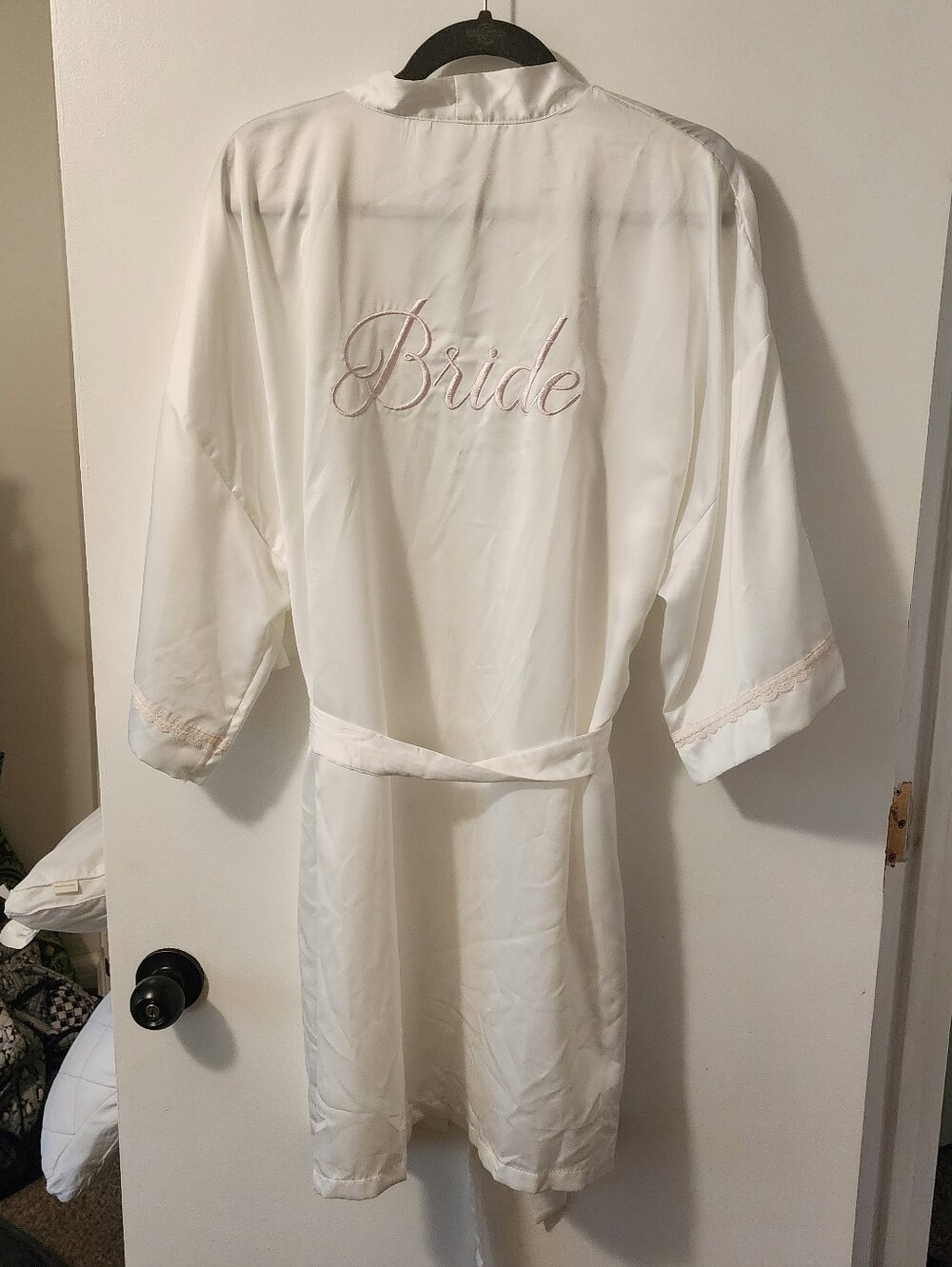 Apt. 9 White Satin 'Bride' Embroidered Robe with Pink Trim